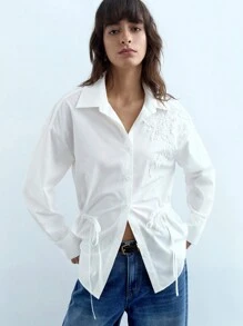 Maija Donna Camicetta Bianca con Bottoni, Applicazioni Ricamate, Chiusura con Fiocco, Maniche Lunghe Tinta Unita, Top Floreale Ampio