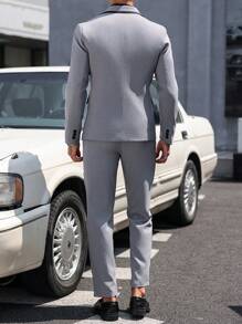 Manfinity Bizformal Men's Solid Color Stand Collar Long Sleeve Jacket & Pants Business Suit Set, Autumn - Grey - View 2