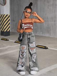 SHEIN Tween Girl Y2K Fashion Vintage Stonewashed Ripped Raw Hem Baggy Wide Leg Jeans, Girls Summer Clothes Back To School Streetwear Outfits