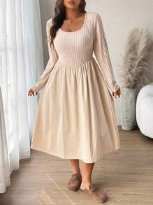 SHEIN Frenchy Plus Size Casual U-Neck Long Sleeve Ribbed Velvet Patchwork A-Line Midi Dress - Apricot - View 3