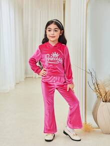 SHEIN Conjunto de top con capucha de terciopelo y pantalones acampanados para niñas, color magenta, casual, de moda, apropiado para uso diario - Rosa Fucsia - Ver 7