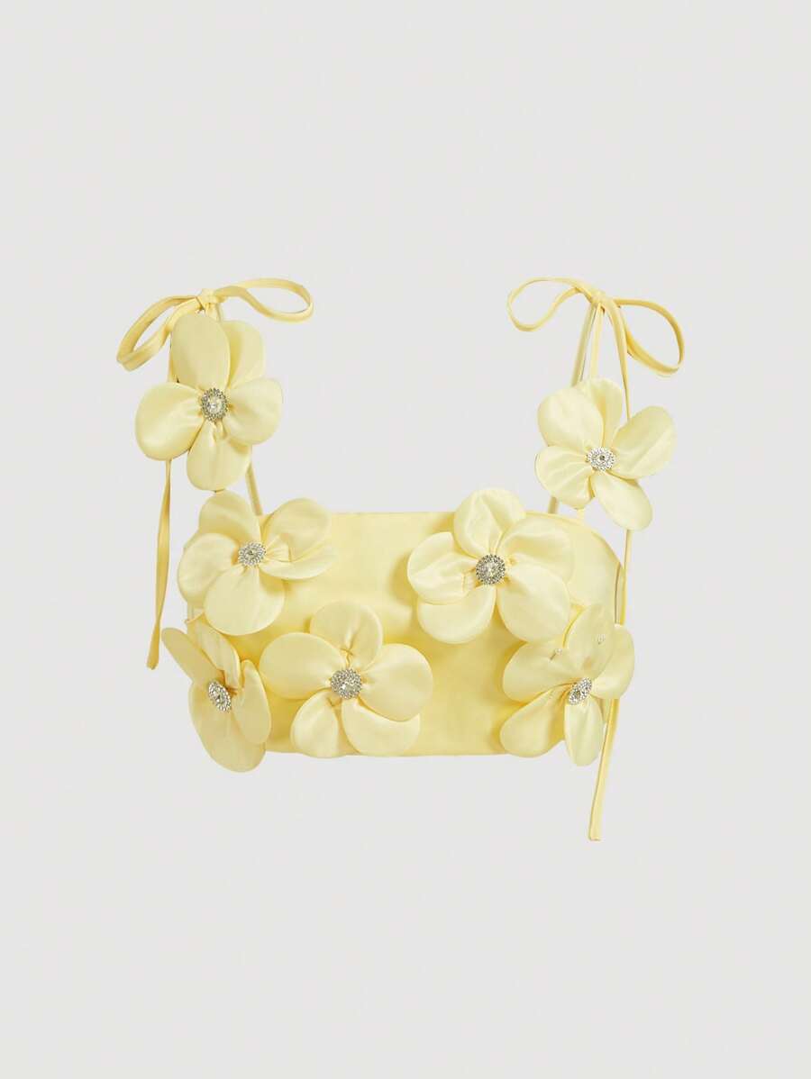 SHEIN Unity 白色甜美精致 3D 花卉露背吊带背心上衣可爱有趣的衬衫 - 黃色 - 查看 1
