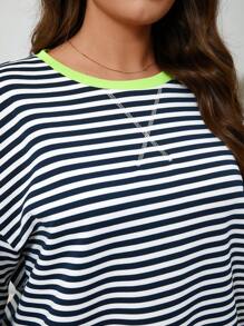 SHEIN LUNE Neon Green Contrast Stripe Comfortable Sporty Casual Sweatshirt Top, Made Of  Fabric, Plus Size Winter Fall Autumn - Multicolor - View 4