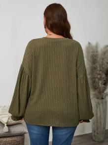 SHEIN LUNE Plus Size Loose Solid Color Round Neck Drop Shoulder Long Sleeve T-Shirt, Autumn Plus Size Fall Clothes - Army Green - View 2