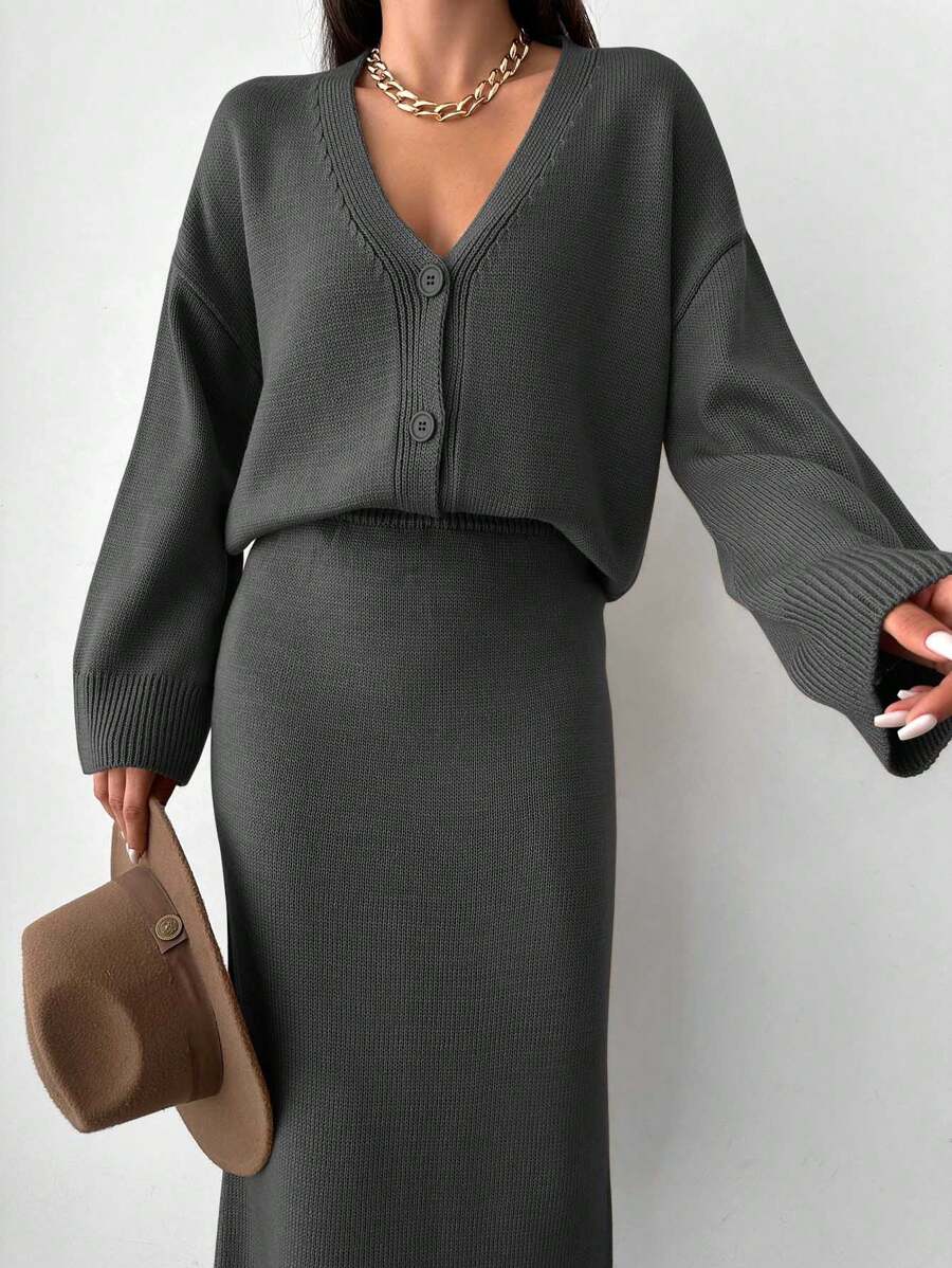 EURMUSE Women's Solid Color Knitted Sweater 2pcs/set - Dark Grey - View 1