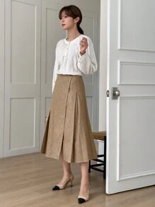 DAZY Women Solid Color Pleated A-Line Long Casual Work Skirt - Khaki - View 2