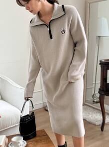 DAZY Women's Embroidered Collar Half-Zip Long Sleeve Knit Sweater Dress