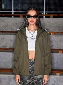 SHEIN Sports Women's Solid Color Long Sleeve Drawstring Hooded Loose Casual Sports Jacket - Army Green - View 3