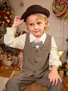 SHEIN Young Boy 3pcs Outfit Set: Herringbone Vest, Long Pants And Long Sleeve Shirt, Gentleman Style - Multicolor - View 5