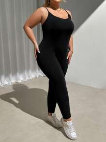 SHEIN CURVE+ Curve Plus Winter  Fall 
 Solid Unitard Jumpsuit - Black - View 3