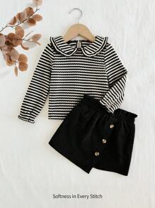 Cozy Pixies 2pcs Baby Girl Colorful Striped Ruffle Collar Long Sleeve Sweatshirt & Mini Skirt Set - Black and White - View 1