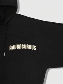 ROMWE MEN Street Life Men's Street Style Letter & Character Print Batwing Sleeve Zip-Up Hooded Sweatshirt, Suitable For Spring & Fall - Black - View 3