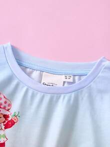 Strawberry Shortcake X SHEIN Kleine Mädchen 2 Stücke/Set Enges Langarm T-Shirt mit Batik-Muster, Erdbeermotiv und Schleife Rundhalsausschnitt