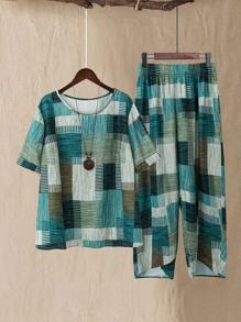 Linhara 2pcs/Set Plus Size Women Geometric Pattern Crew Neck Short Sleeve Blouse And Wide Leg Pants Set, Summer