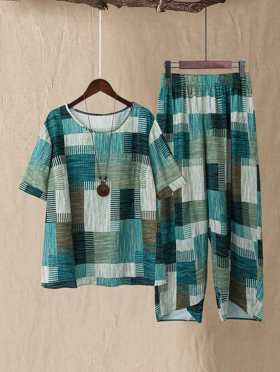 Linhara 2pcs/Set Plus Size Women Geometric Pattern Crew Neck Short Sleeve Blouse And Wide Leg Pants Set, Summer