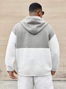 Manfinity CasualCool Plus Size Men's Contrast Color Fluffy Drop Shoulder Loose Drawstring Hooded Sweatshirt, Casual For Autumn/Winter