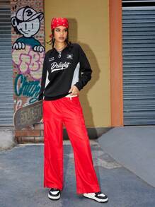 Streetz SHEIN Sport Sudadera de cuello redondo para mujer con estampado de letras de color contrastante y manga larga, Top de invierno para mujer