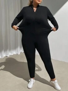 SHEIN CURVE+ Women's Plus Size Solid Color Zip Front Bodycon Jumpsuit, Autumn - Black - View 3