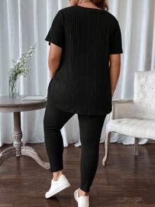 SHEIN LUNE 2pcs Plus Size Ribbed Short Sleeve Top & Casual Pants Set - Black - View 2
