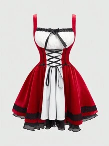 ROMWE 2pcs Women's Cloak Dress Set, Cosplay Costume Outfit - Burgundy - View 5