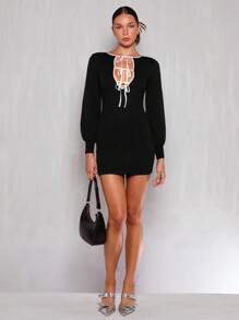 Glamine Women Autumn Winter Lace-Up Hollow Out Long Sleeve Elegant Knit Sweater Dress Fall Cloth For Women - Black - View 1