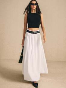 Poéselle Women's White Long Skirt With Belts Solid Color Pleated A-Line Skirt, Casual Daily Wear