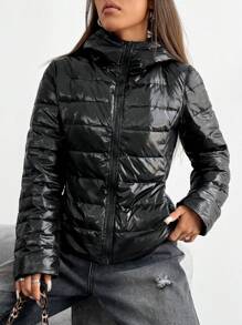 SHEIN EZwear 女士纯色长袖休闲连帽羽毛羽绒夹克，冬季 - 黑色 - 查看 4