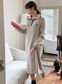 DAZY Women's Embroidered Collar Half-Zip Long Sleeve Knit Sweater Dress