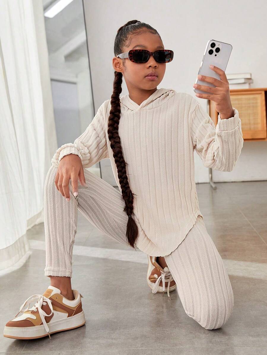 2pcs Tween Girls Ribbed Hooded Asymmetrical Hem T-Shirt With Fitted Leggings Set - Apricot - View 1