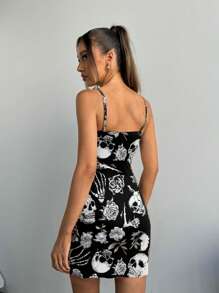 SHEIN SXY 万圣节 Y2K 服装骷髅图案女式夏季性感吊带迷你裙