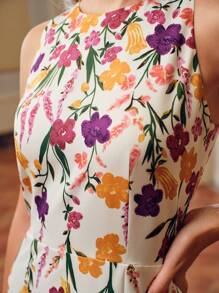 ZEYLAH FLORAL PRINT SPLIT BACK SLEEVELESS LONG DRESS WITHOUT BELT - White - View 3