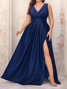 SHEIN Belle Plus Size Vintage Deep V-Neck Overlap Simple Belt Pleated High Slit A-Line Hem Simple Elegant Formal Evening Gown, Prom Dress, For Wedding Guest, Graduation, Dinner, Party Dress