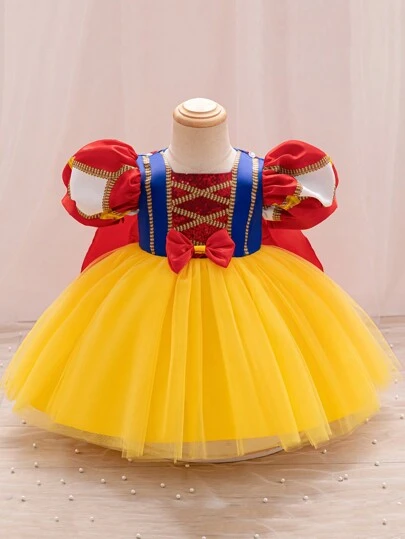 Glamorique Kids 女婴缎面泡泡袖芭蕾舞裙，派对/生日/婚礼花童礼服，海军蓝、黄色和金色