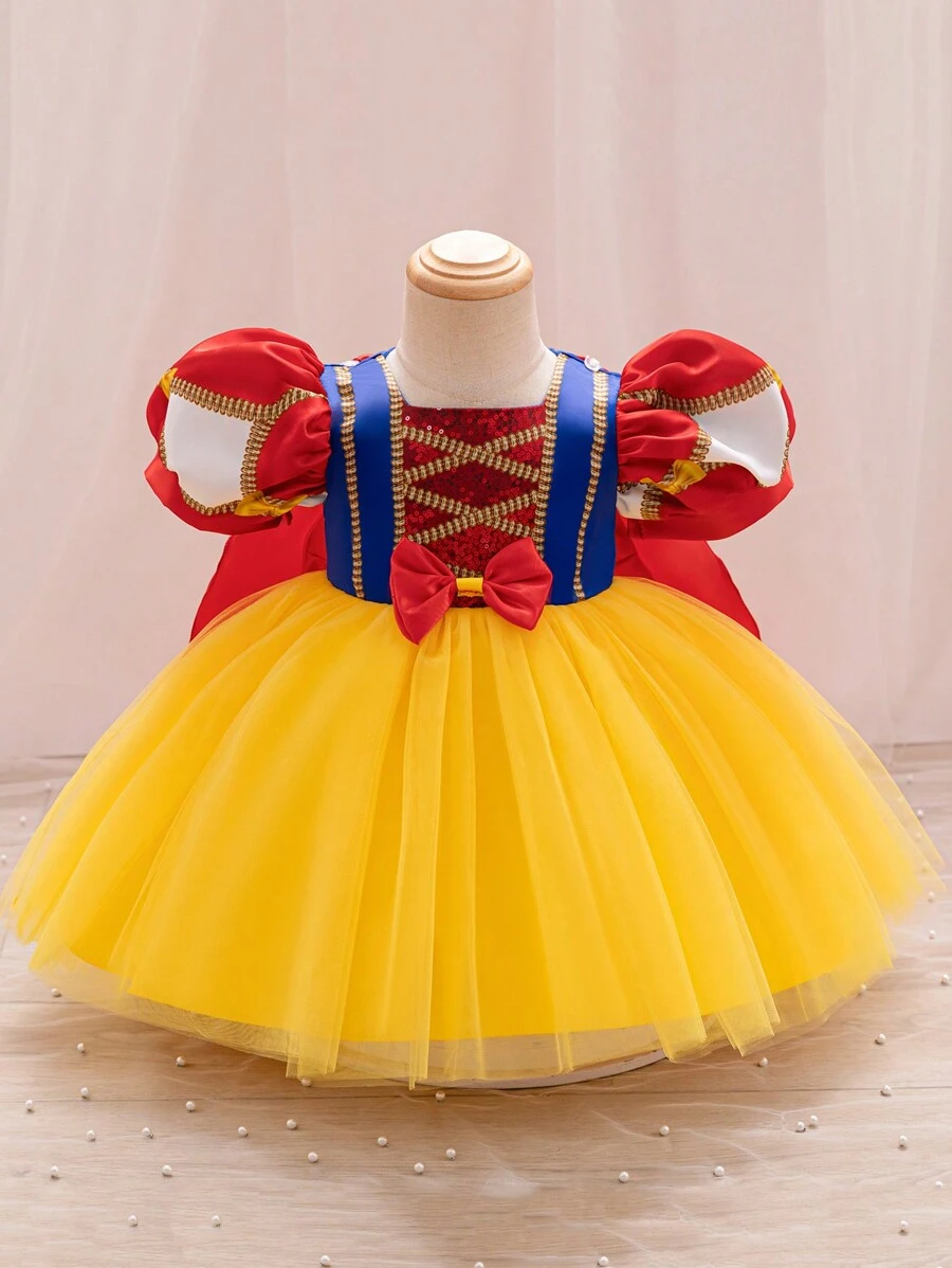 Glamorique Kids 女婴缎面泡泡袖芭蕾舞裙，派对/生日/婚礼花童礼服，海军蓝、黄色和金色