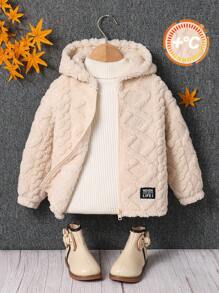 SHEIN Young Girl Fall/Winter Clothes  Young Girl Knitted Solid Color Fluffy Letter Embroidery Hooded Loose Flannelette Warm Casual Jacket,Autumn/Winter,Great For Casual & Daily Wear & School .