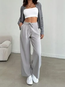 EURMUSE Women Neutral Drawstring Waistband Pants - Light Grey - View 6