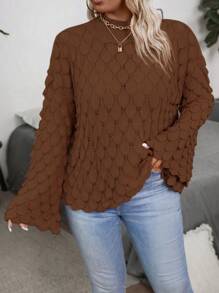 Franclia Textured Floral Pattern Plus Size Crew Neck Long Sleeve Sweater