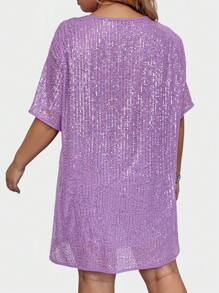 SHEIN LUNE Vestido de manga corta con cuello redondo y lentejuelas para mujer de talla grande, ropa para fiestas de vacaciones