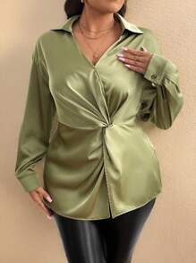 SHEIN Unity Plus Size Solid Satin Asymmetrical Twist Detail Blouse - Green - View 5