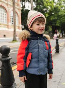 SHEIN Young Boy Hooded Patchwork Long Sleeve Casual Padded Coat