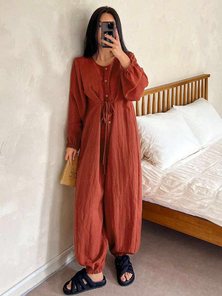DAZY Casual Loose Half-Zip Tie Front Jumpsuit Pajama - Red - View 1