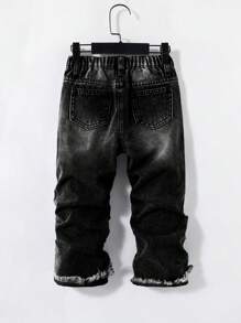 SHEIN 年轻男孩休闲时尚男孩服装舒适宽松黑色牛仔布流苏牛仔男孩裤子适合日常穿着和返校服装 - 黑色 - 查看 2