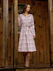 LanaWest 女式领口收腰格纹印花长袖连衣裙 - 淺粉色 - 查看 1