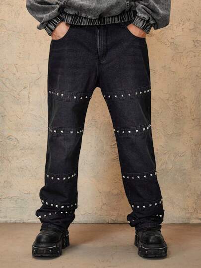 Grunge Punk Jeans en denim casual lavé avec décoration de rivets pour hommes