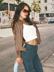 Easelle Brown Cropped Faux Leather Jacket, Fall