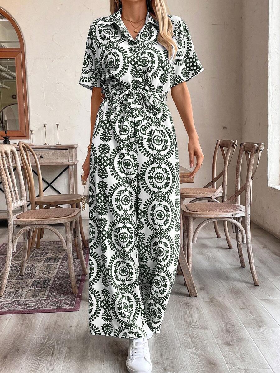 SHEIN LUNE Bộ đồ liền thân Palazzo rộng rãi cho nữ có họa tiết hoa toàn thân và thắt eo - màu xanh lá - Xem 1