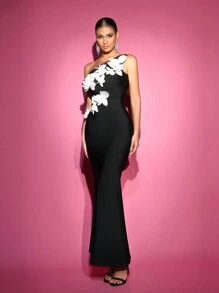 Glamrae Elegant Black One Shoulder Sleeveless White Three-Dimensional Floral High Waist Skirt Mermaid Design Body Shaping Bandage Formal Evening Dress, Prom Gown, For Wedding Guest, Graduation, Dinner