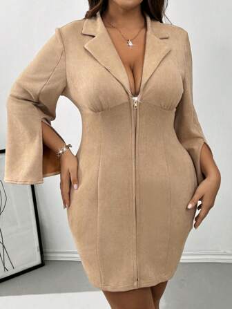 SHEIN Privé 大码优雅通勤高街演唱会缺口领开衫拉链修身短款长袖喇叭袖口开衩绒面迷你性感约会连衣裙