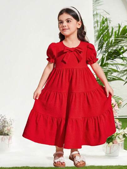 Young Girl Loose Round Neck Bubble Sleeve A-Line Midi Solid Color Dress, Vacation Style