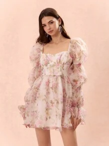 Enchnt Autumn/Winter Romantic Women's Sweetheart Elegant Floral Print Puff Sleeve Backless Dress,For Halloween&Christmas Party - White - View 7